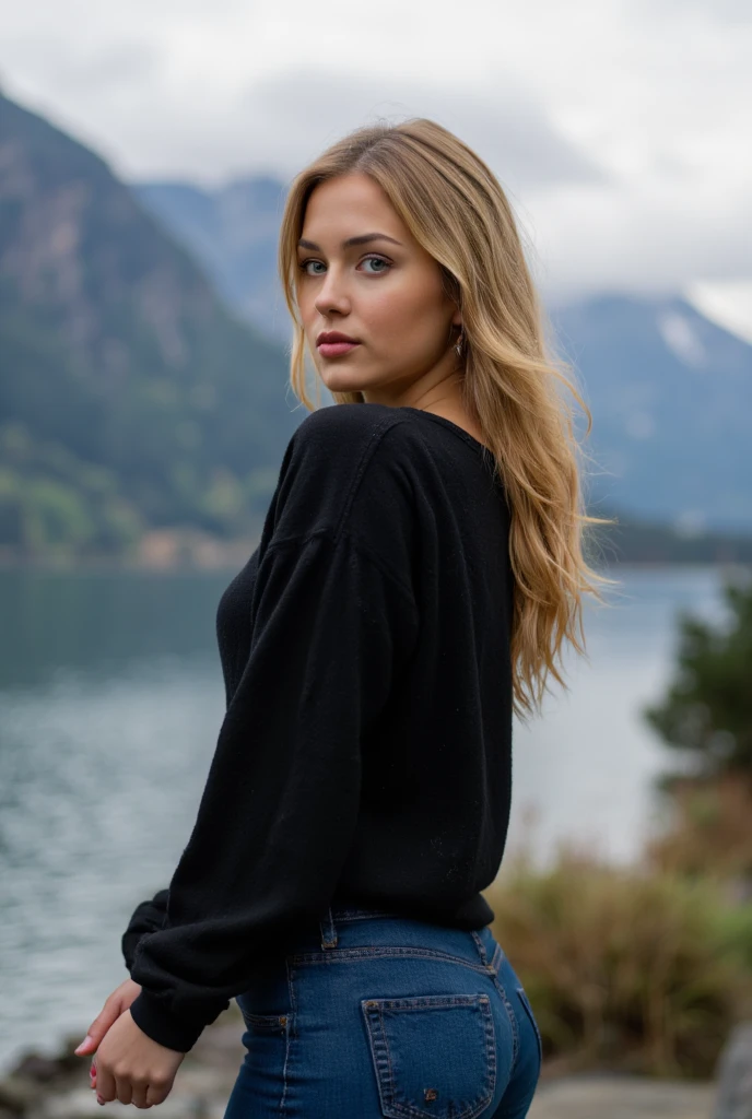 (generate a beautiful European lady, long blonde hair, ponytail hairstyle, pretty eyes, v shape face, sexy body), (masterpiece:1.2), ultra-detailed, perfect light, lake & mountain background, detail background, black top sweater, blue tight latex jeans, (big breasts:1.4), beautiful face, pretty face, beautiful eyes, beautiful nose, sexy lips, raytracing, white skin, f cg realistic, 8k, sharp eye, (((from back))), standing, full photo, (detailed skin texture,detailed cloth texture, beautiful detailed face:1.25, detailed eyes:1.25)