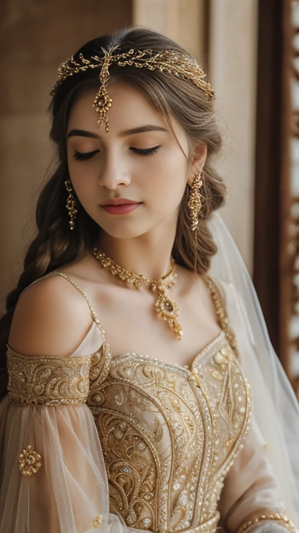 a girl with closed eyes, pursed lips, beautiful detailed eyes, beautiful detailed lips, extremely detailed face, long eyelashes, delicate facial features, serene expression, soft skin, golden hair, intricate hairstyle, ornate headpiece, intricate jewelry, flowing dress, dramatic lighting, dreamlike atmosphere, muted color palette, cinematic composition, masterpiece, photorealistic, 8k