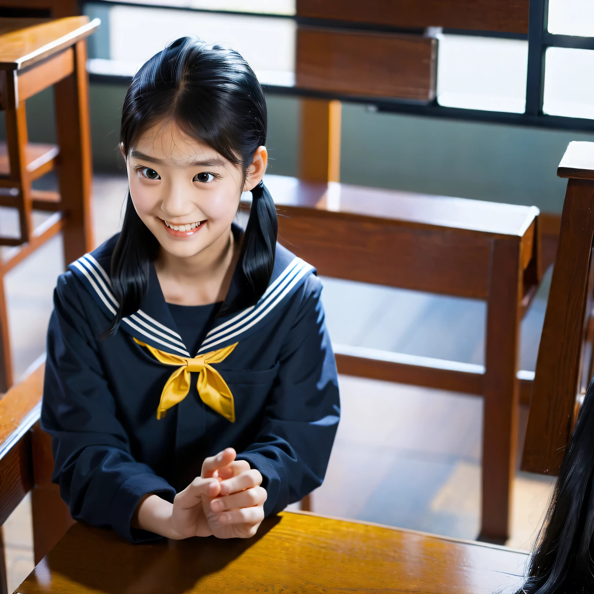 (masterpiece, highest quality:1.4), One girl, alone, Sailor suit, dark blue, Long sleeve, smile, Young face、very cute、classroom、Angle from above、Focus on Face、(black hair:1.6)、low pigtails hair、middle part、(looking away:1.5)