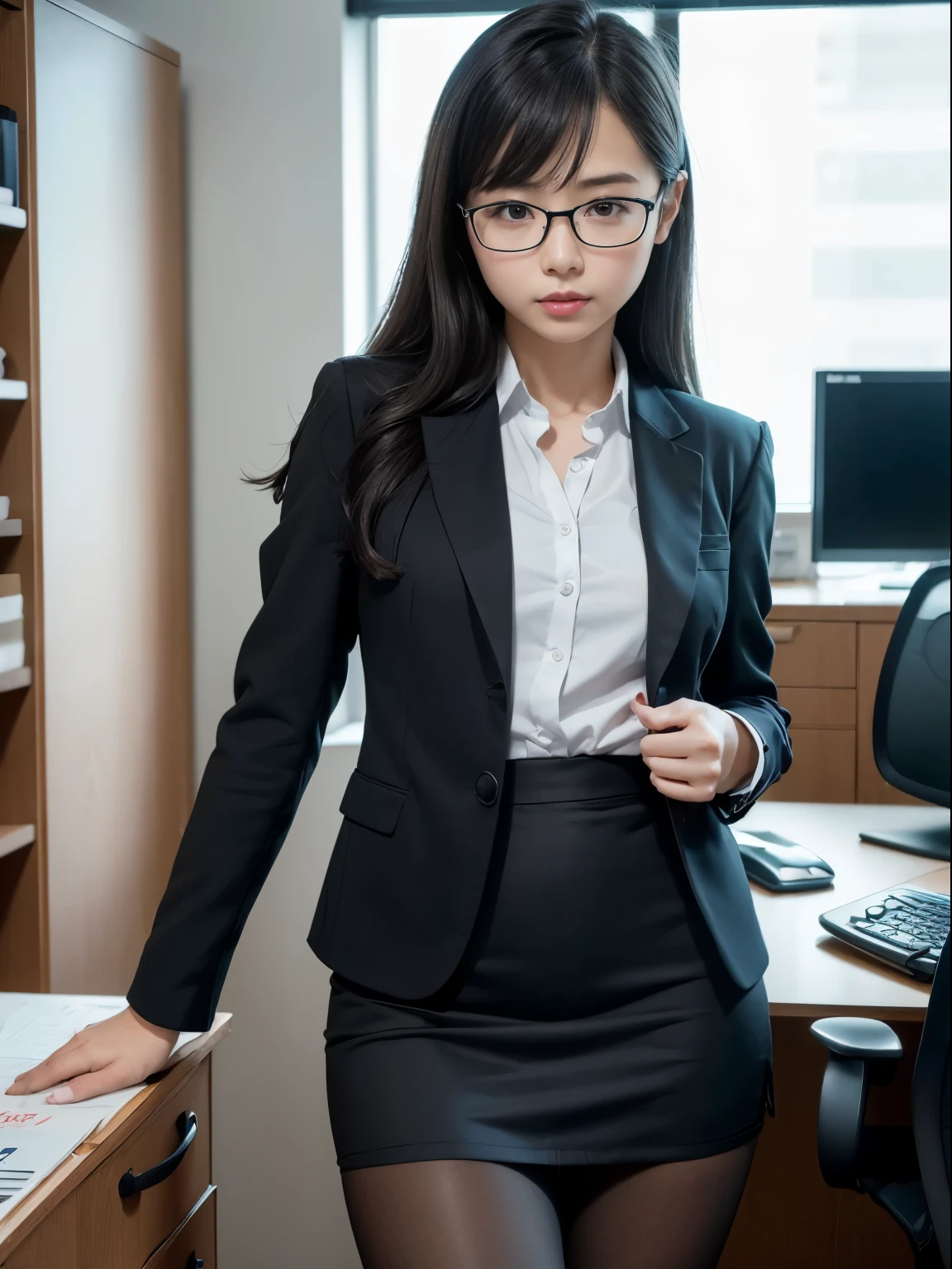 (One person)、solo、A 20-something office lady is taking a photo in her office uniform、(Looking straight ahead)、(Standing)、((Squint your eyes))、(Black Pantyhose)、(Half Up)、victory、Tsundere、Single Knot、OL、suit、Blue mini skirt、anger、small、Glasses、Slim girl model photo、physical、Female Model、Japanese female fashion model、(8k、RAW Photos、Highest quality、Highest quality、Masterpiece:1.2)、(Real、Photorealistic:1.37)、Ultra-detailed、Ultra high definition、Office District、Position、whole body、(((sexy)))