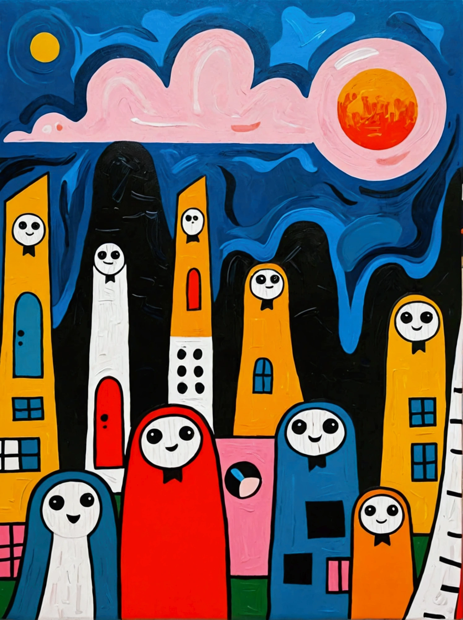 In the style of Thierry Noir（artist）， An abstract painting , In the style of DeStijl, Lively cartoon, A towering figure, Vivid bird life, Model, Fine lines, Childlike innocence，keyboard，Little Ghost，ghost
