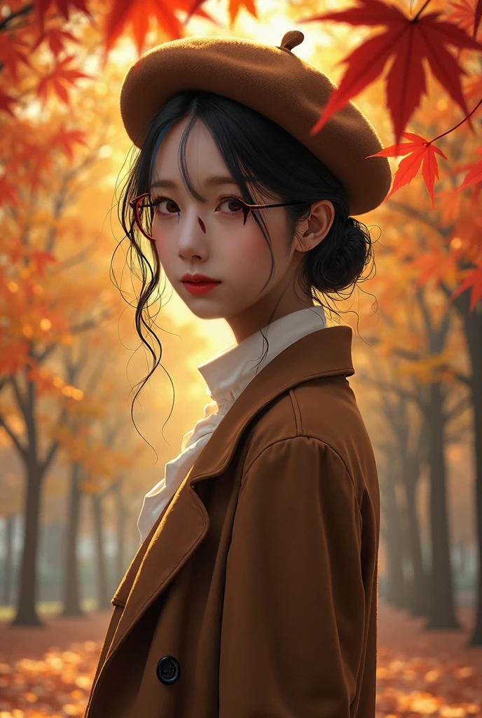 Best Quality、masterpiece、High sensitivity、High resolution、Detailed Description、Delicate facial depiction、Slender women、Glasses、Autumn outfit、Beret、Autumn leaves park、