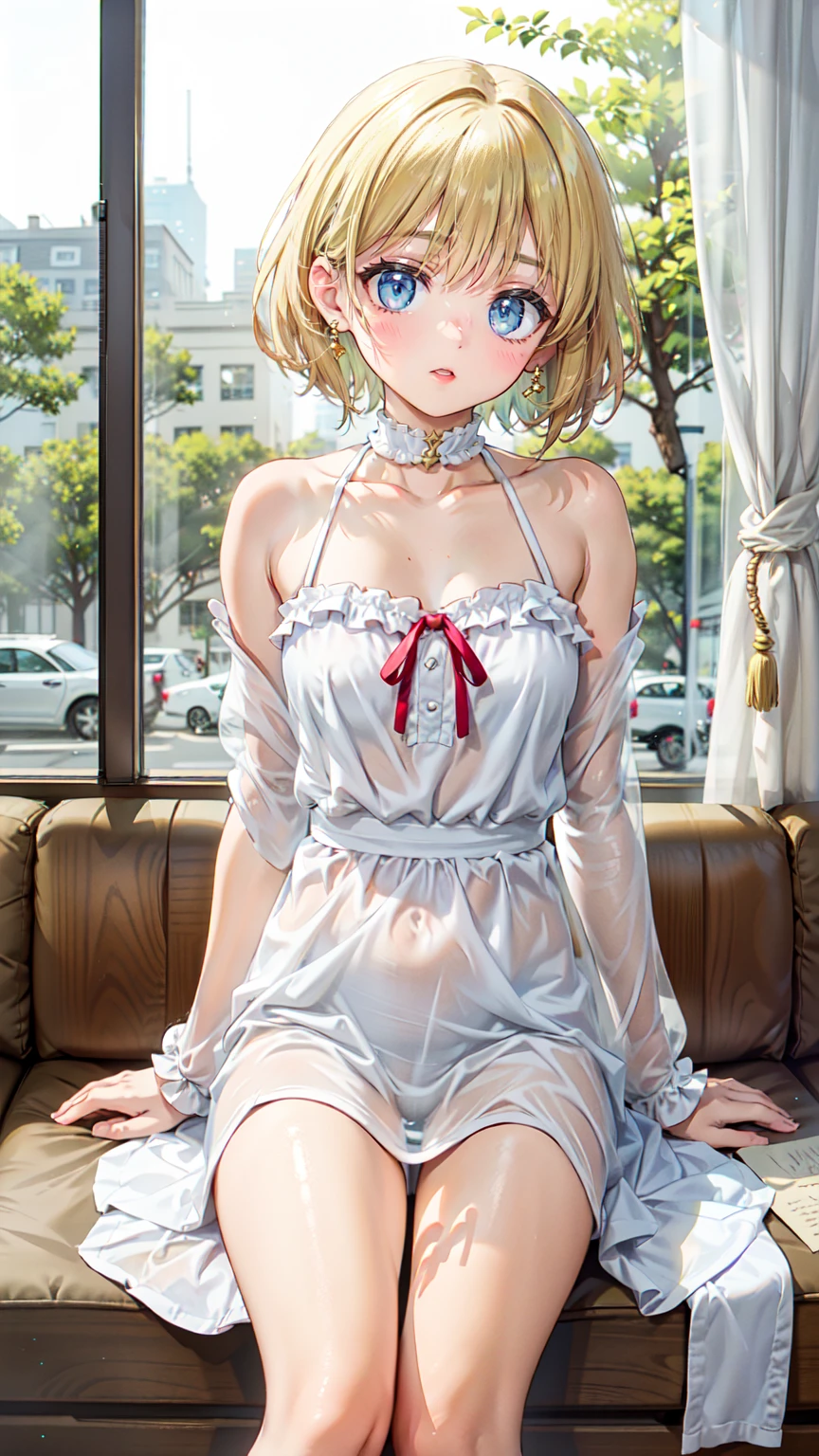 masterpiece,Highest quality, Very detailed,One Girl(Sakurai Momoka, Nice small breasts, Wavy Hair,blonde, head band, Pink flower in hair,Green Eyes, Half-closed eyes), Fascinating face, Lips parted, nose blush, blush, In-person audience , View your audience, alone, See-through nightgown, In the bedroom,  At night, Are standing, Seduce your sexy waist  (panties), (good), (In underwear), (Flashy underwear), (lingerie), 