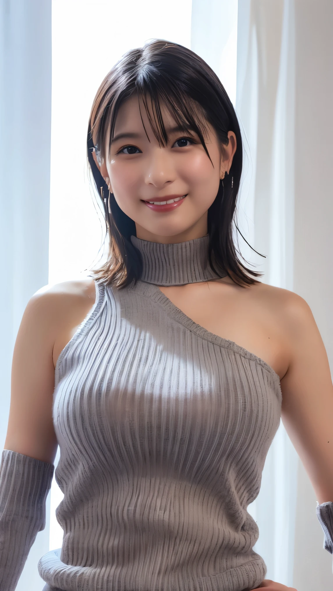 Grey knit shoulder、big breasts、valley、sexy beauty、smile、upper body up、white curtain on background,amazing sapraizz, dynamic production 