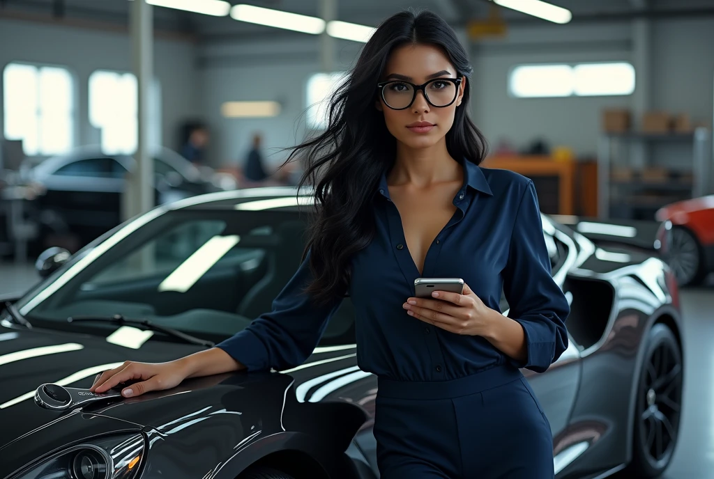 a stunning woman with black hair and glasses, wearing a navy blue blouse, leaning confidently against a sleek sports car, holding a smartphone in one hand and a wrench in the other, dramatic lighting highlighting the reflective surface of the car and the textures of her outfit, panoramic view of a garage with industrial elements like tool racks and vehicles in the distance, cinematic composition, ultra-detailed, hyper-realistic, photorealistic, masterpiece, 8k, sharp focus, physically-based rendering, extreme detail description, vivid colors, professional, portraits, automotive, industrial