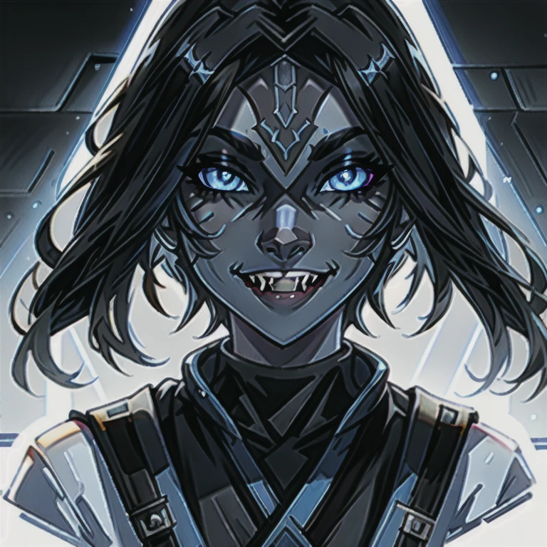 Cathar, solo, 1girl, female focus, black hair, black skin, smile, blue eyes, blue sclera, slit pupils, looking at viewer, fangs, Star Wars, Jedi, Cathar Species