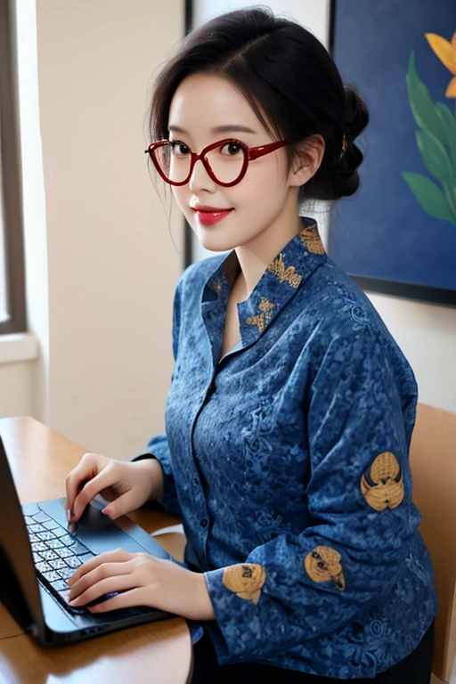 (((masterpiece))), (((best quality))),  1girl , rem\(rezero\),  batik-kopri, blue shirt, form fitting, red glasses, sitting, typing, laptop, printer, looking at viewer, long sleeves,  amazing intricate finely detailed, office background, bokeh dynamic poses, dynamic angle, 