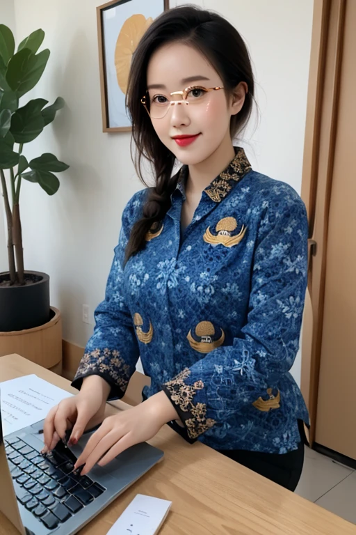 (((masterpiece))), (((best quality))),  1girl , rem\(rezero\),  batik-kopri, blue shirt, form fitting, red glasses, sitting, typing, laptop, printer, looking at viewer, long sleeves,  amazing intricate finely detailed, office background, bokeh dynamic poses, dynamic angle, 