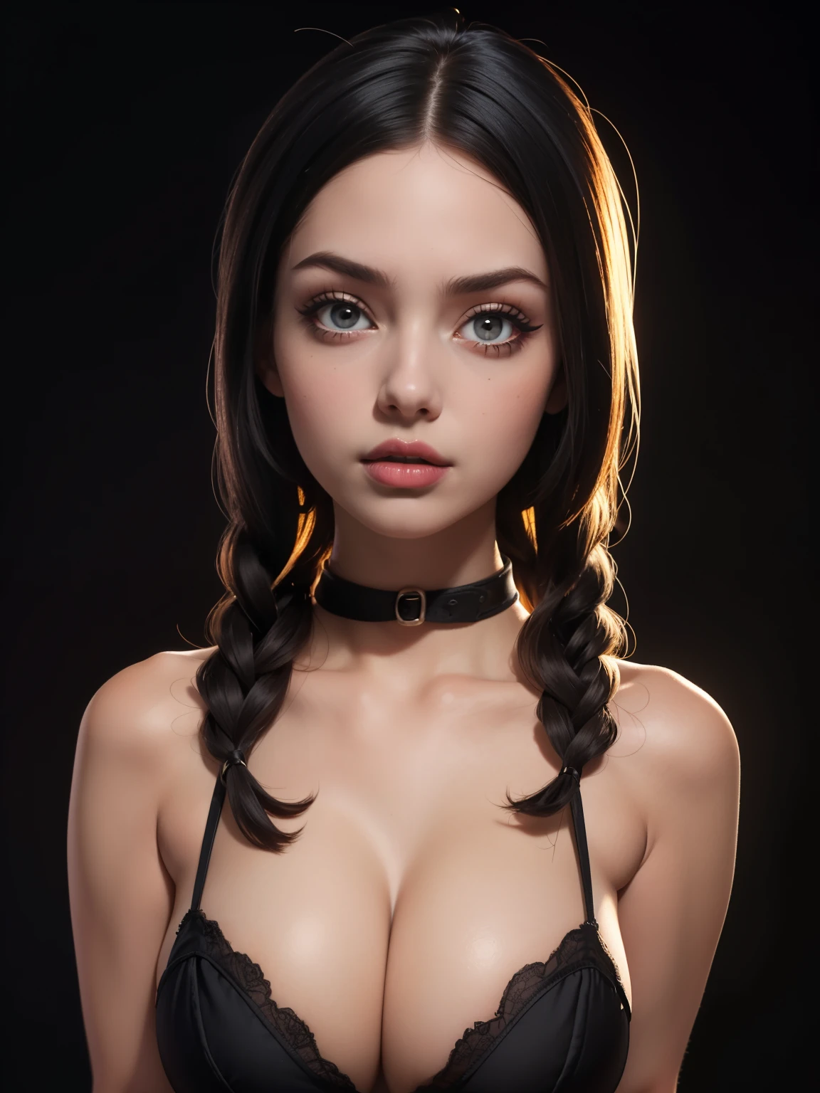a close up portrait of a model at photo studio (dressed in cosplay costume as jinx from arcane league of legends), sexy young woman, realistic , beautiful succubus, (derevschikova: 1.5), beautiful alluring , perfect nose, ultra beautiful, with her long, perfect beautiful, realistic , epic beautiful, 8k, fuji xt3, not cropped, premium wide open city ” large breasts