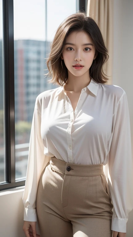 arafed asian woman in a white shirt and black skirt sitting on a desk, wearing in shirt, wearing a blouse, gorgeous chinese model, clothed in white shirt, open shirt, fine white shirt, korean girl, asian, open v chest clothes, office clothes, japanese goddess, wearing white shirt, elegant seducing pose, with backdrop of natural light, white blouse