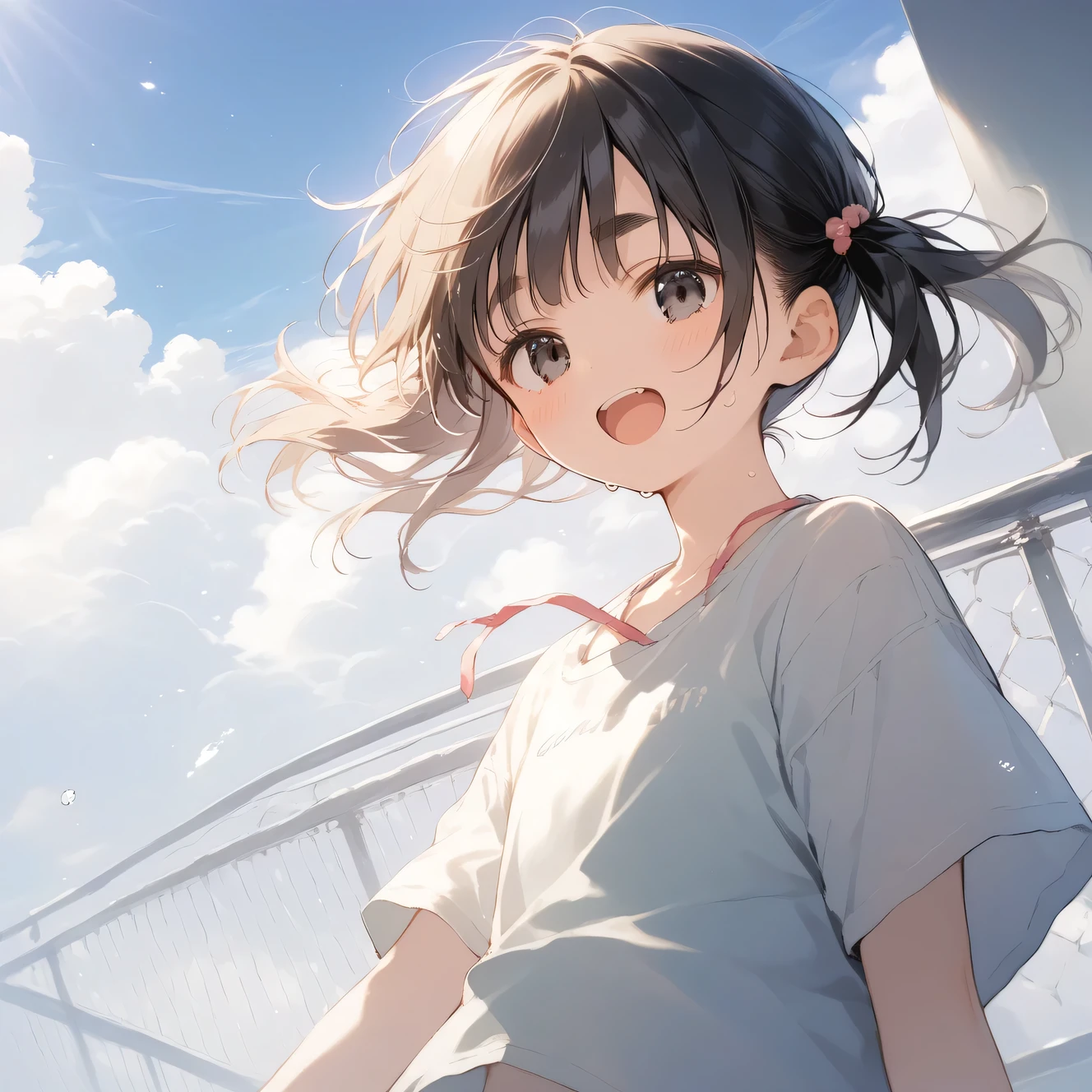 score_9, score_8_up, score_7_up, source_anime, best quality, masterpiece, official art, absurdres, highres, ultra-detailed,waifu2x,Collection: Slice of Life,break,1girl, short hair, pixie cut, flipped hair, small breasts, beautiful (well-shaped) breasts,beautiful detailed eyes, sweat, gym shorts, (wavy mouth:0.3), open mouth, outdoors,  (Detailed Lighting), (Detailed background),break,(clear line illustration:1.2), super detailed skin,very high resolution, very aesthetic, Best sexual lighting powered by famous artist, 8k, 16k, cute picture,beauty illustration,photoshop_(medium),,(Detailed Lighting),best anime 8k konachan wallpaper, pixiv contest winner,