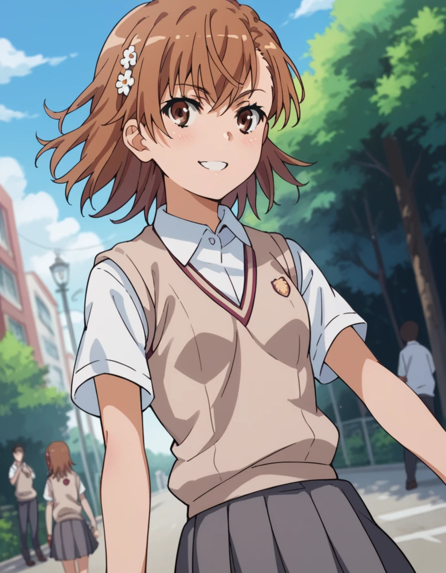 Score_9, Score_8_up, Score_7_up, sauce_anime, Misaka Mikoto, mikoto misaka, short hair, Brown Hair, hair ornament, Hair Flowers, Brown eyes, seductive smile, School uniform, White shirt, Short sleeves, Grey Skirt, Sweater vest, tokiwadai School uniform, V-neck, Outdoor, Streetscape, View your viewers, Cowboy Shot, Dutch Angle, 