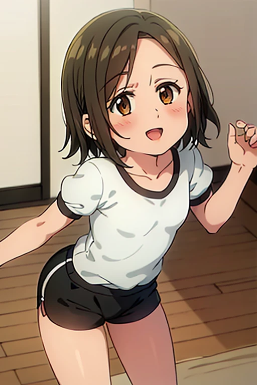 ((Best Quality)), ((masterpiece)), (be familiar with), Perfect Face, indoor, bedroom, Watching the audience,
One woman, Elaine,
Open Mouth, Ecstatic expression, blush, smile,
Small breasts, Flat Chest, , , , Girl,
Short Hair, Short Hair,
Gym clothes, White short sleeves, Black shorts, Leg spread,