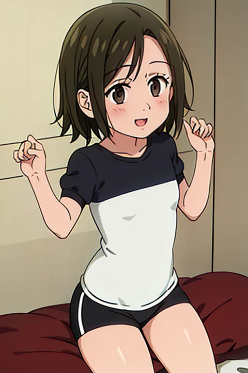 ((Best Quality)), ((masterpiece)), (be familiar with), Perfect Face, indoor, bedroom, Watching the audience,
One woman, Elaine,
Open Mouth, Ecstatic expression, blush, smile,
Small breasts, Flat Chest, , , child, Girl,
Short Hair, Short Hair,
Gym clothes, White short sleeves, Black shorts, Leg spread,