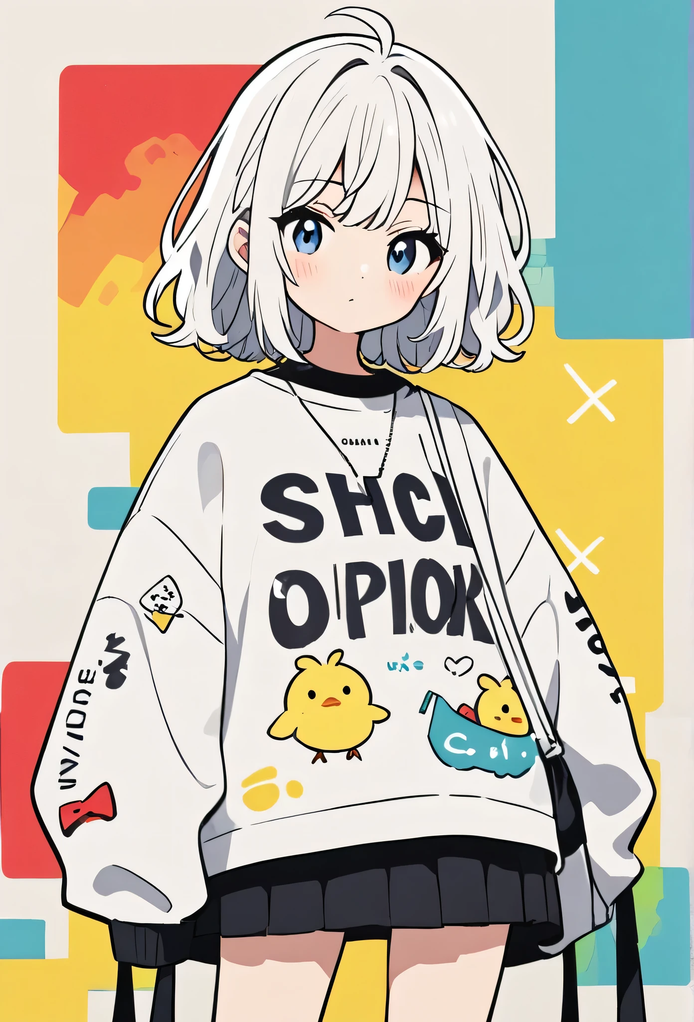 Ultra-realistic Hayao Miyazaki black and white style, Simple line acronym abstract art, Stylish design, (((Background is Disposal))), Street Style, Cute chick