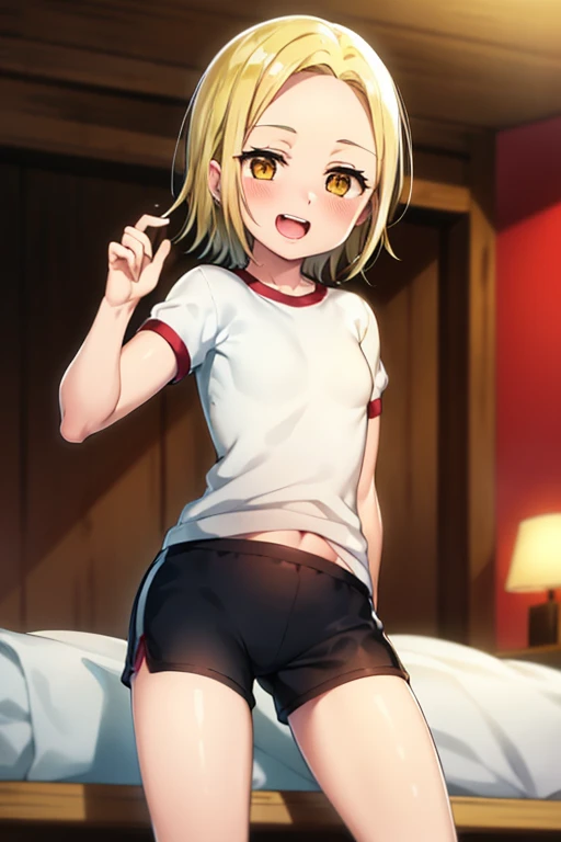 ((Best Quality)), ((masterpiece)), (be familiar with), Perfect Face, indoor, bedroom, Watching the audience,
One woman, Elaine,
Open Mouth, Ecstatic expression, blush, smile,
Small breasts, Flat Chest, , , , Girl,
Short Hair, Short Hair,
Gym clothes, White short sleeves, Black shorts, Leg spread,