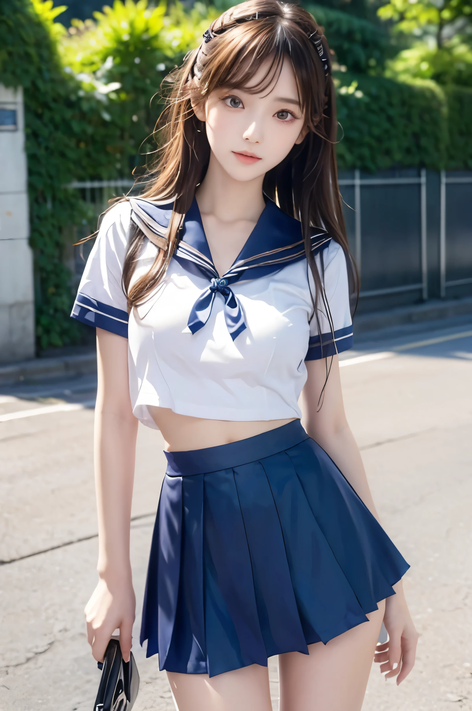 (Ultra HD), (Looking at me), (Short-sleeved sailor uniform, Navy blue mini skirt), Big Breasts, Super beautiful breasts, Slender, (Thin legs:1.2), (Thin thighs:1.2), (Thin Hips:1.4), (Beautiful Skin, Shiny skin, White skin), (Super slim face, Super beautiful face, No makeup, Smile:0.6), (Light Brown, Long Hair, Layered Cut, Fluffy hair), (Big eyes:1.3, High corners of the eyes:1.6, double eyelid), (Thin eyebrows:0.1), (Small Nose:0.6), (Thin lips:0.6), Beautiful Hands, Empty-handed, Standing, In front of the school gate