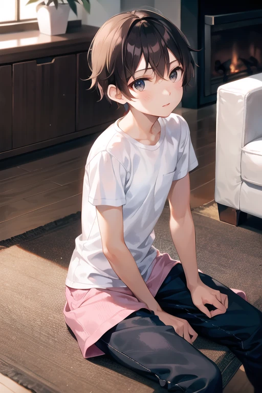 ((A boy)),adorable captivating,in a white shirt,He looked sad,Barefoot,sat on the ground。The blush gradually rises,Shy, But handsome。The picture style is fresh and simple,Rendered like a comic,The lens is shown as a vista,(Anime style+Soft cute),Anatomically correct,Accurate