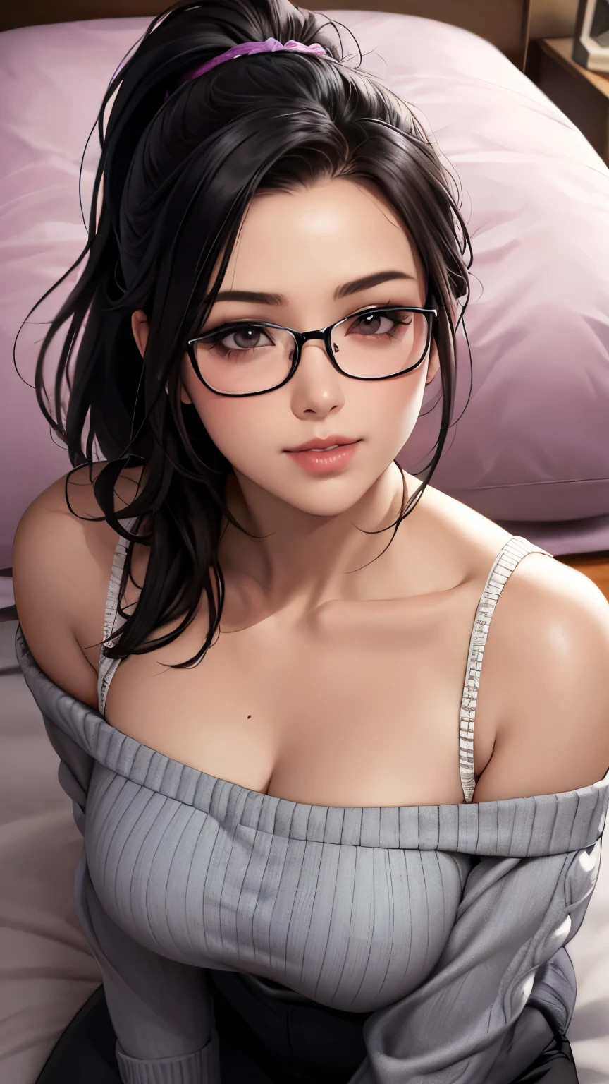 ((highest quality)), ((masterpiece)), (be familiar with), perfect face,、black hair、long hair、Glasses、crawl on all fours、naked、female organ、shot from behind、look back、stick out your butt、big breasts、adult woman、Fluffy hair、female organを見せる、((female organにフォーカス))、Take a close-up shot of a person、