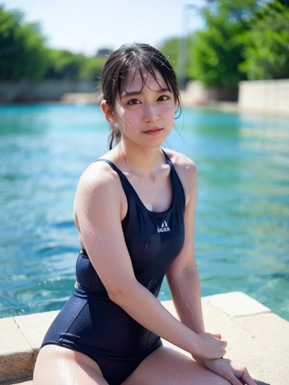 Close up of a boy near a body of water, cold, boy wearing a swimsuit, (anime boy), Short red-haired boy, Red-eyed boy, Aya Takano color style, one piece swimsuit, school swimwear, High legスクールスイムウェア, High legスクールスイムスーツ, 魅力的なanime boy, clothing:high cut swimwear, かわいいanime boy, かっこいいanime boy, solo, 紺色のタンクスーツを着たかっこいいanime boy, anime style character, in anime style, In anime style, school swimwear, Japanese student swimwear, 可愛いanime boy, anime moe art style, High leg, wearing a swimsuit, bare shoulders, bare legs,