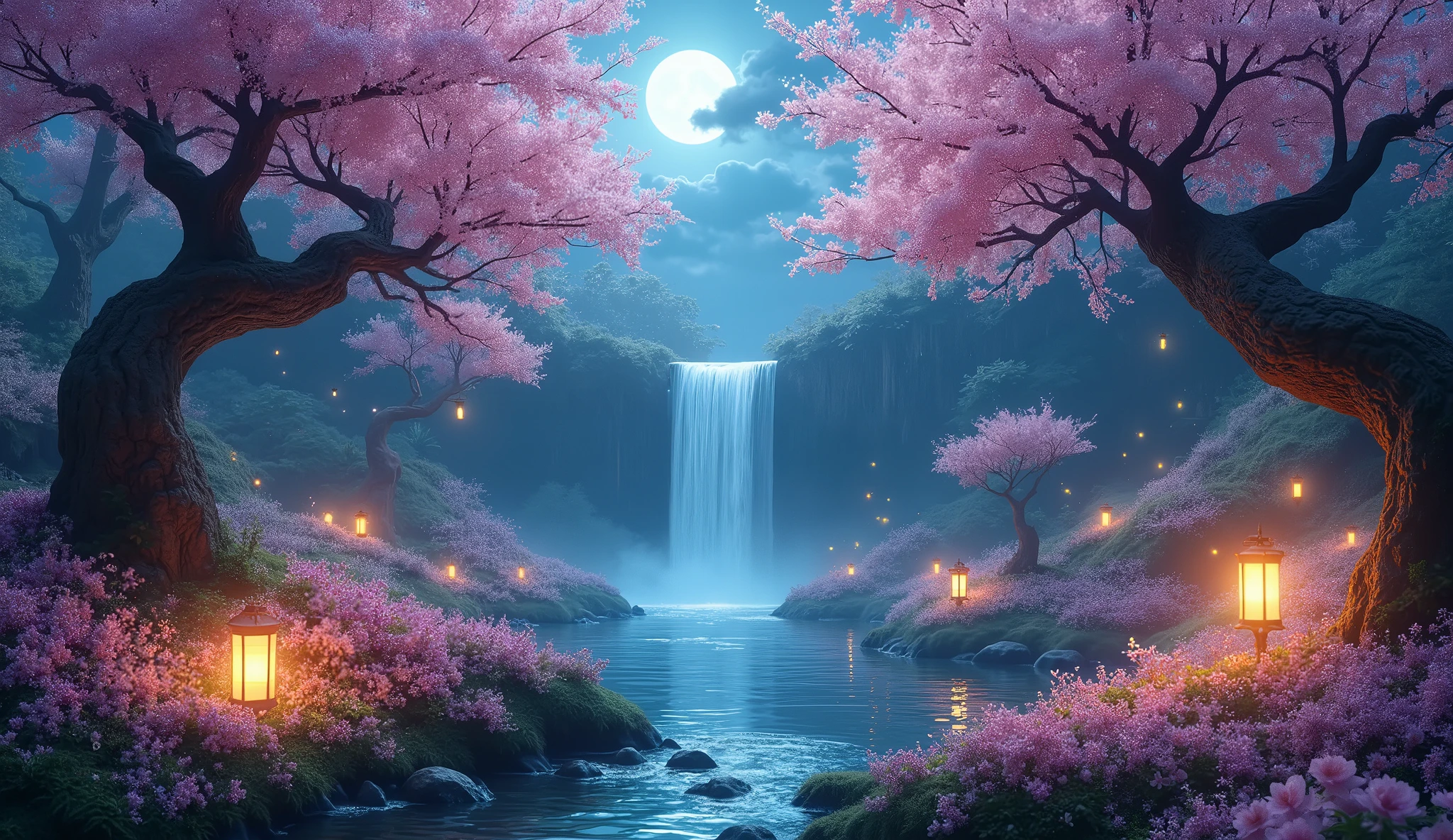 There is a waterfall in the middle of a forest with pink flowers ...