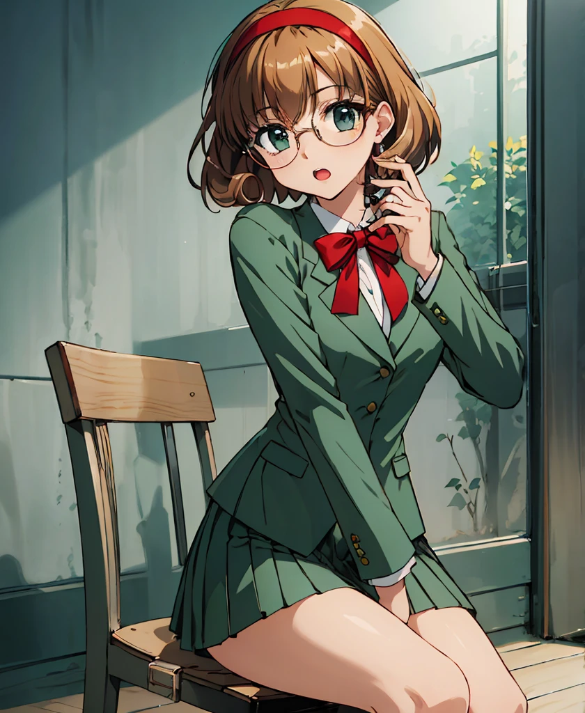 Phoenix Temple,One Girl,short hair,Light brown hair,Glasses、Embarrassed face、Open your mouth,((Red Hairband)),Green blazer,mini skirt,masterpiece,Noise reduction,Perfect Anatomy,High resolution, Very detailed,Game CG,Cowboy Shot ,Attention to beautiful details,Visual Arts,Five fingers, Perfect hands, Perfect lighting,Sit on a chair、Western-style room