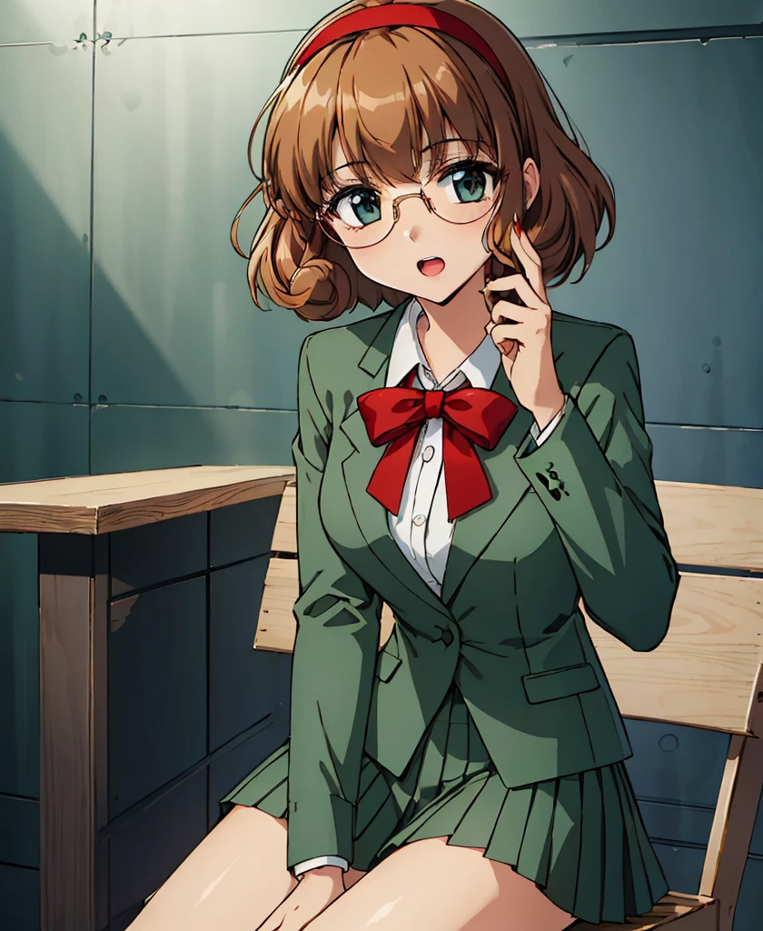 Phoenix Temple,One Girl,short hair,Light brown hair,Glasses、Embarrassed face、Open your mouth,((Red Hairband)),Green blazer,mini skirt,masterpiece,Noise reduction,Perfect Anatomy,High resolution, Very detailed,Game CG,Cowboy Shot ,Attention to beautiful details,Visual Arts,Five fingers, Perfect hands, Perfect lighting,Sit on a chair、Western-style room