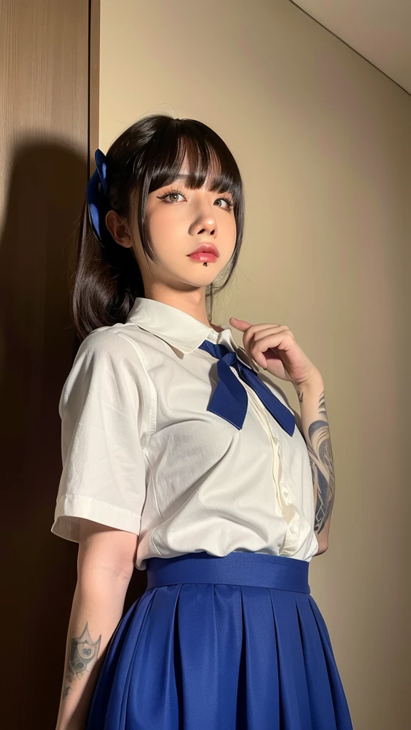 1girl, (short-sleeved JK_shirt),JK_style,(dark blue JK_skirt) ,(bow JK_tie), Brown eyes ,FACE,  makeup,red lips, eyeshadow,  milf,stands at full height