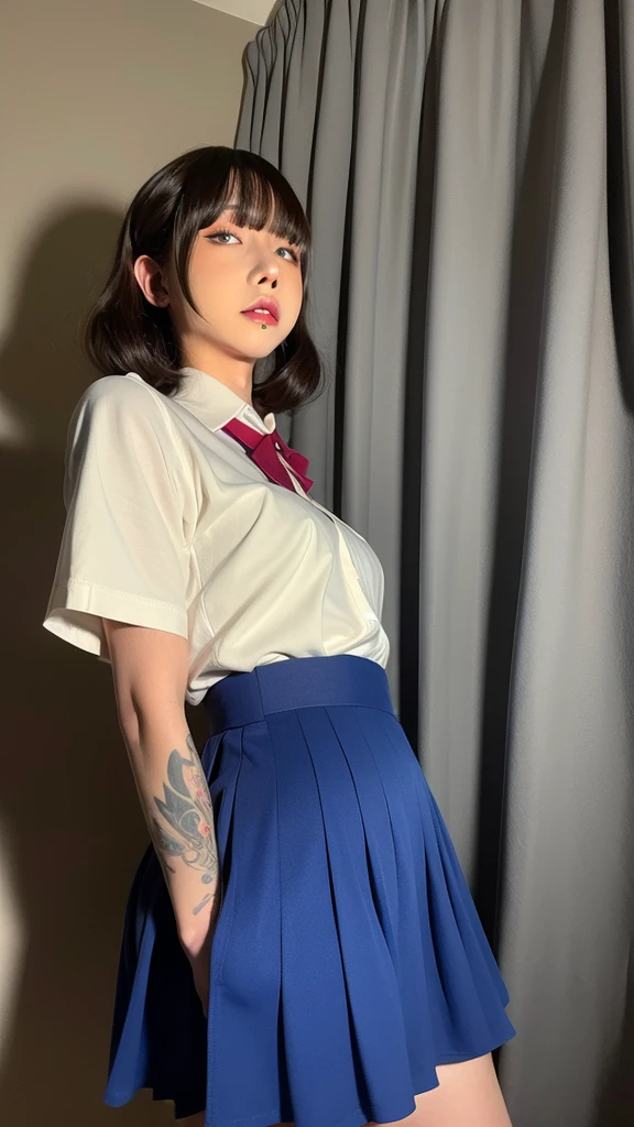 1girl, (short-sleeved JK_shirt),JK_style,(dark blue JK_skirt) ,(bow JK_tie), Brown eyes ,FACE,  makeup,red lips, eyeshadow,  milf,stands at full height