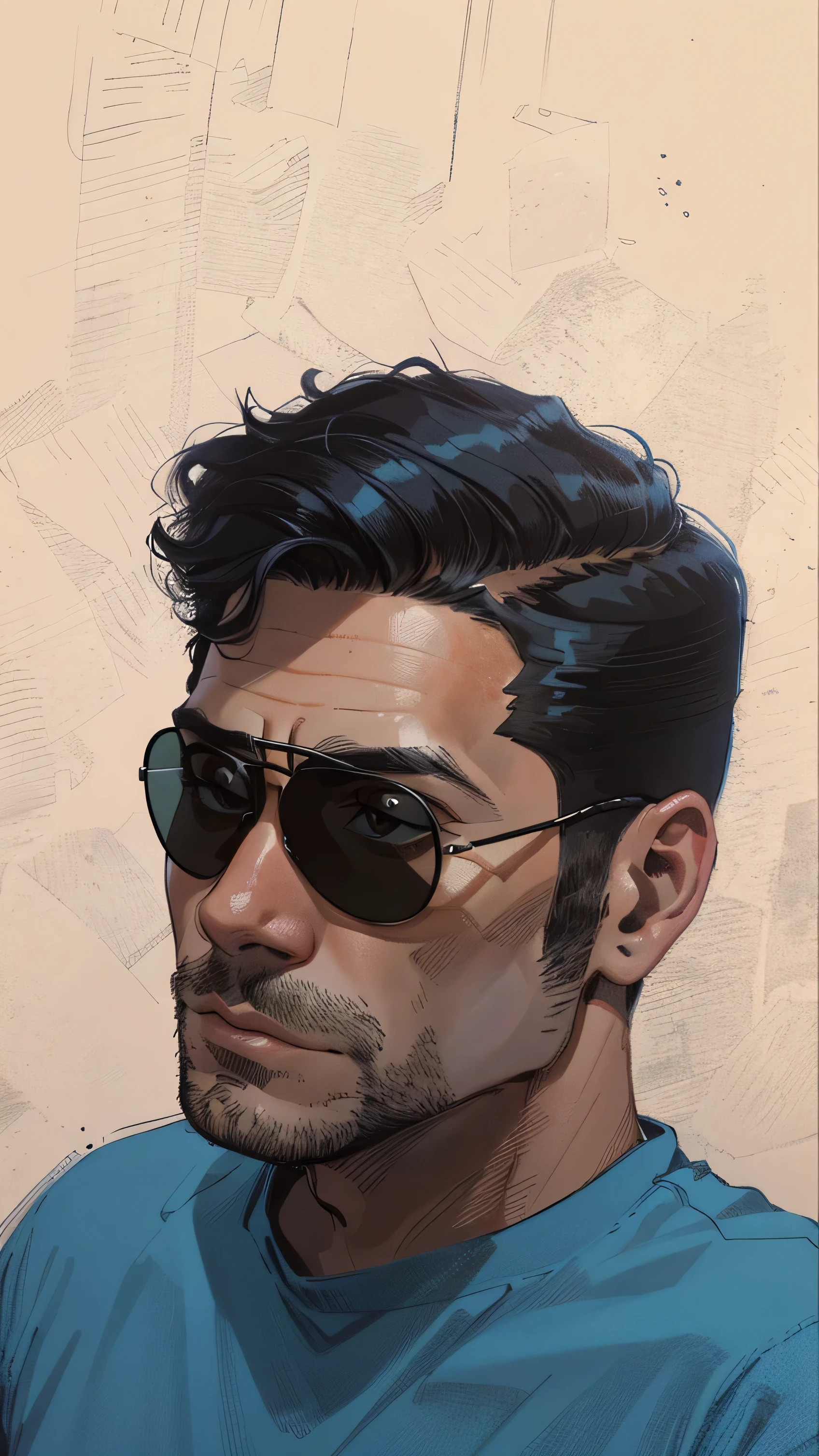 A close up of a man wearing sunglasses and a blue shirt - SeaArt AI