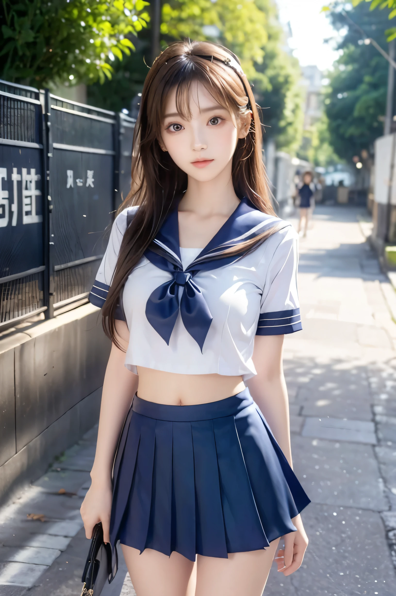 (Ultra HD), (Looking at me), (Short-sleeved sailor uniform, Navy blue mini skirt), Big Breasts, Super beautiful breasts, Slender, (Thin legs:1.2), (Thin thighs:1.2), (Thin Hips:1.4), (Beautiful Skin, Shiny skin, White skin), (Super slim face, Super beautiful face, No makeup, Smile:0.6), (Light Brown, Long Hair, Layered Cut, Fluffy hair), (Big eyes:1.3, High corners of the eyes:1.6, double eyelid), (Thin eyebrows:0.1), (Small Nose:0.6), (Thin lips:0.6), Beautiful Hands, Empty-handed, Standing, In front of the school gate