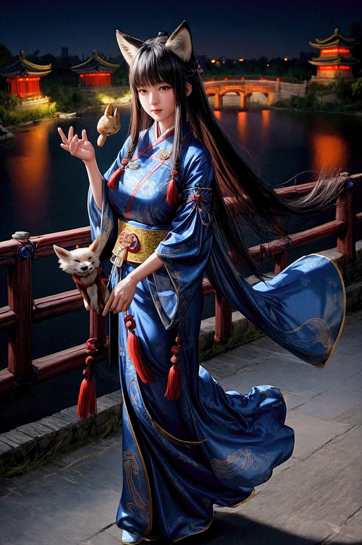 night,Jingcheng,celebration,On the stone bridge,national style,Liu Yurou,Long hair with bangs,Big breasts,Wearing blue Han palace costume,Holding a fox mask,Close up