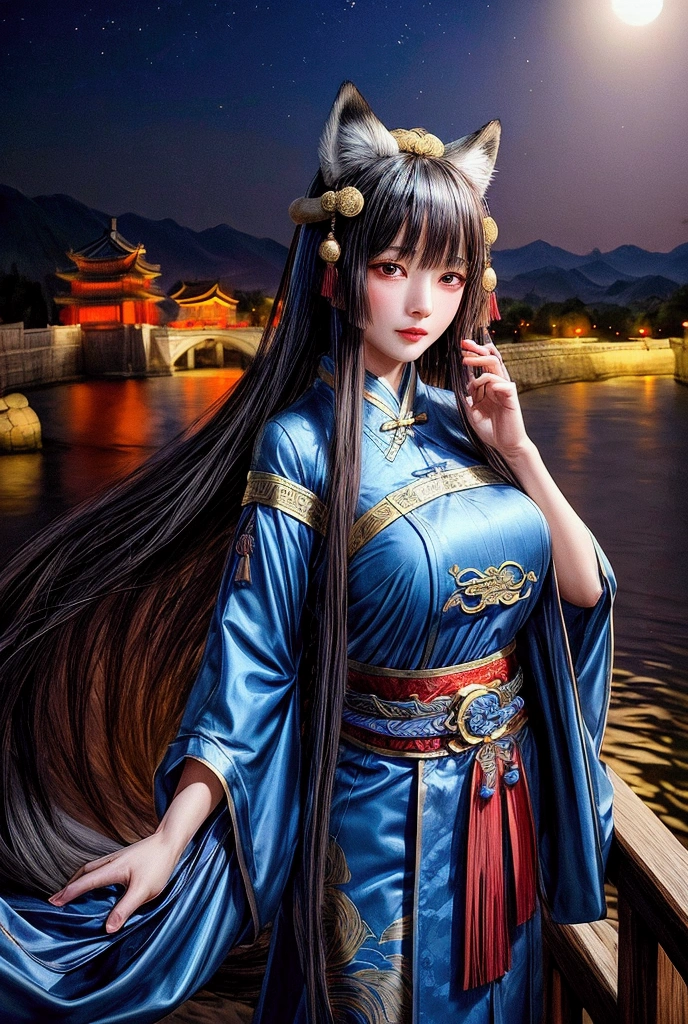 night,Jingcheng,celebration,On the stone bridge,national style,Liu Yurou,Long hair with bangs,Big breasts,Wearing blue Han palace costume,Holding a fox mask,Close up