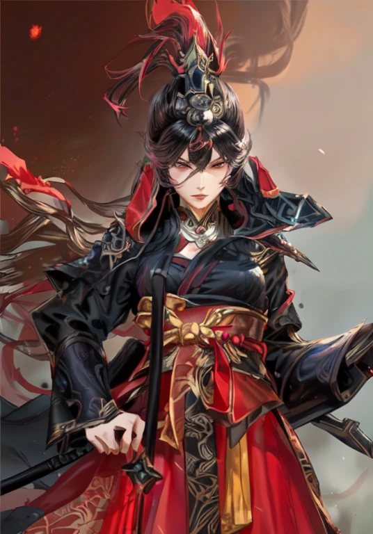 a woman wearing a red dress and a black hat, holding a sword, detailed onmyoji art, beautiful character art, epic and intricate character art, onmyoji concept art, large breasts, hyper detailed, cinematic lighting, dramatic angles, moody colors, oil painting, digital painting, fantasy art, character portrait, highly detailed face, expressive eyes, intricate costume design, flowing hair, dynamic pose, atmospheric background, cinematic composition