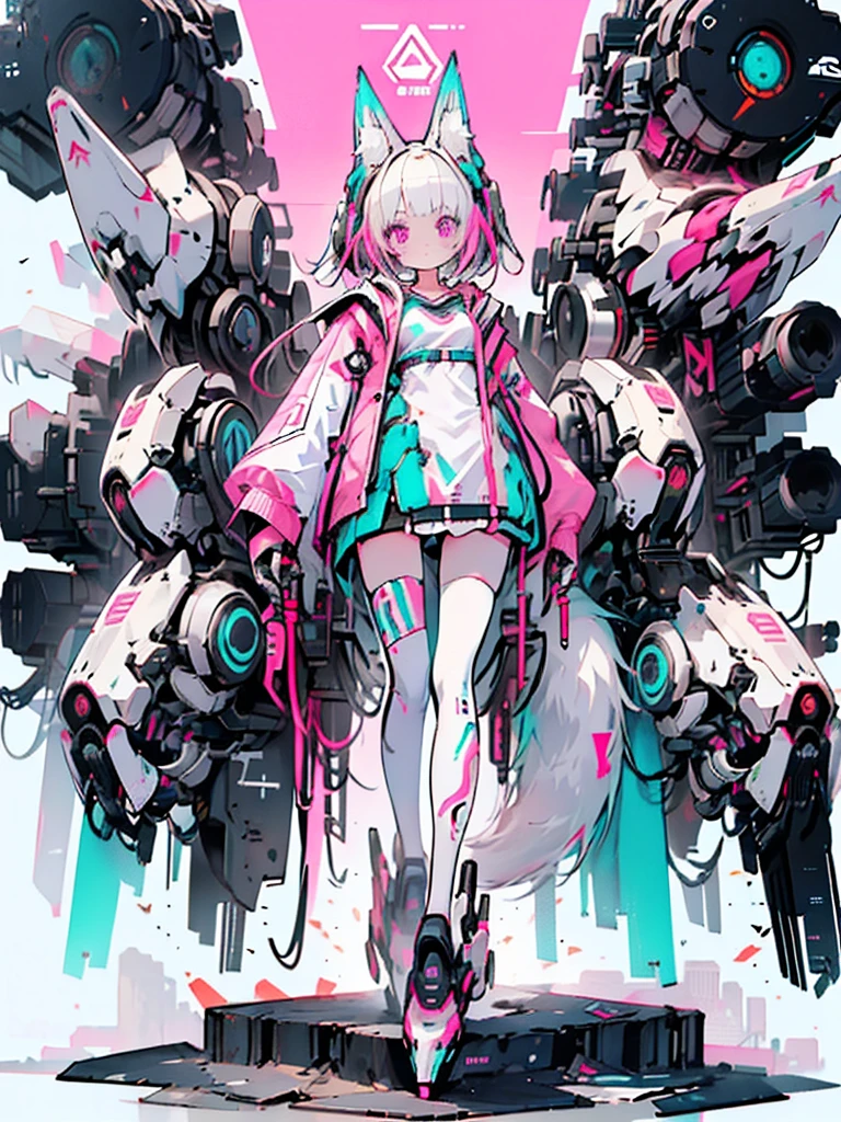 Best Quality,masterpiece,Illustration,One girl,Alone,whole body,Fox Ears,Mecha,mechanical,Fluffy tail,Blank Background,Mechanical leg,(Fluorescent color:1.5),(Laser Violet:1.1),Foxfire,Fluorescent Pink,