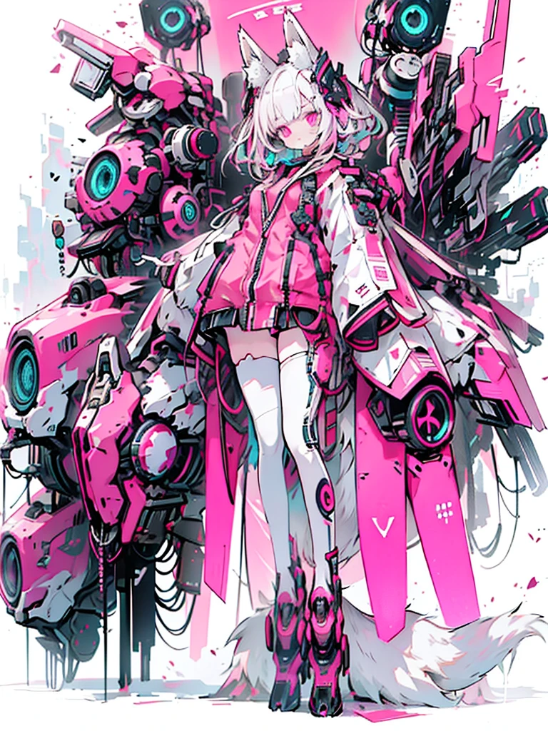 Best Quality,masterpiece,Illustration,One girl,Alone,whole body,Fox Ears,Mecha,mechanical,Fluffy tail,Blank Background,Mechanical leg,(Fluorescent color:1.5),(Laser Violet:1.1),Foxfire,Fluorescent Pink,