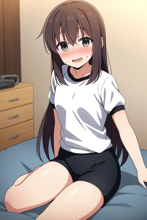 ((Best Quality)), ((masterpiece)), (be familiar with), Perfect Face, indoor, bedroom, Watching the audience,
One woman, Goto alone,
Open Mouth, Ecstatic expression, blush, smile,
Small breasts, Flat Chest, , , , Girl,
Long Hair, Long Hair,
Gym clothes, White short sleeves, Black shorts, Leg spread,