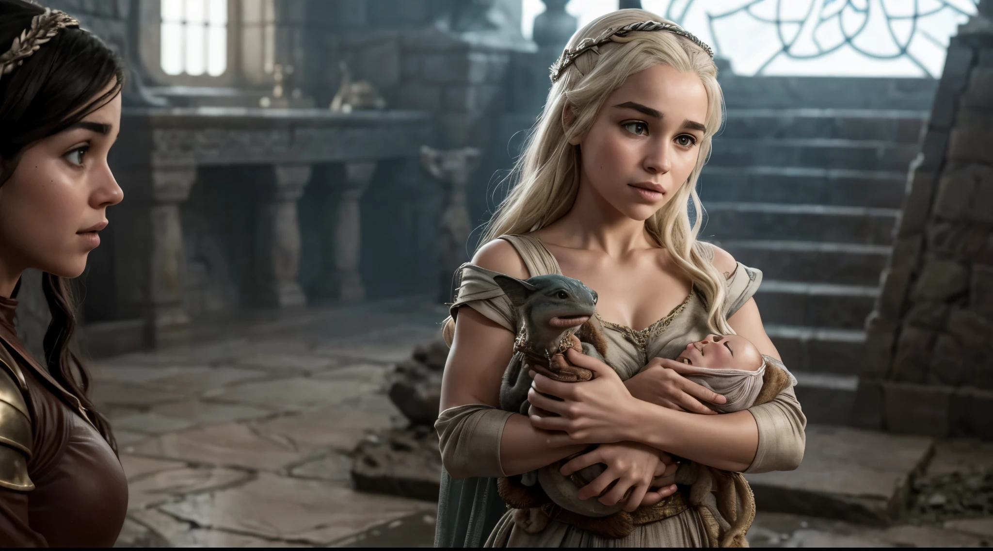 raw fullbody ((family photo of a father and mother with their daughter)), ((mother carrying daughter)), [1girl, daenerys targaryen, Emilia Clarke], (1man, Henry Cavill as Geralt de Rivia The Witcher), with their ((1girl, 5 ******** daughter)))), medieval clothing,((half body shot)), realistic proportions, realistic pupils, ((3 member family portrait)) limited palette, highres, cinematic lighting, 8k resolution, front lit, sunrise, RAW photo, Nikon 85mm, Award Winning, Glamour Photograph, extremely detailed, beautiful Ukrainian, mind-bending, Noth-Yidik, raw fullbody photo of Daenerys Targaryen and Geralt de Rivia The Witcher with 5 ******** daughter, highly detailed, artstation, smooth, sharp focus, 8K,, trending on instagram, trending on tumblr, hdr 4k, 8k