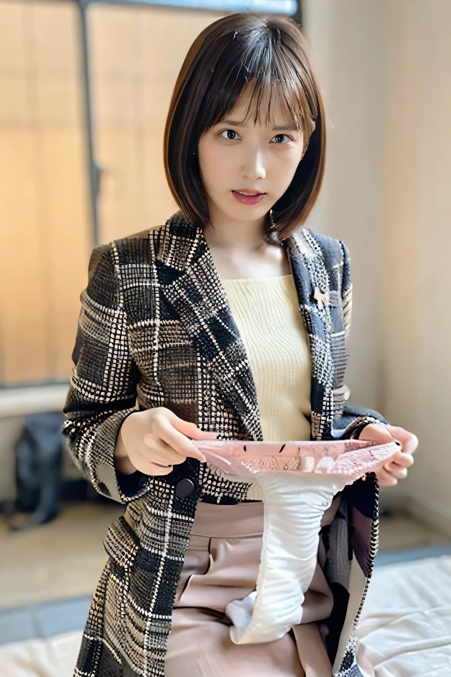 A highly detailed, 8K resolution RAW color photograph of a Japanese schoolgirl with a short bob haircut, black hair color, and a very large, round, and beautiful bust. She has exquisite, detailed facial features including beautiful eyes, nose, and lips, with perfect anatomical accuracy. The girl is wearing a very short checkered school uniform skirt and blazer, with a glittery makeup look and big, natural-colored lips. She is kneeling or squatting slightly, revealing a glimpse of her white cotton panties. The scene takes place in a classroom setting, and the photograph is a masterpiece, ultra-detailed, photorealistic, and of the highest quality(holding panties, presenting panties) Simple without decoration pastel pink pantie