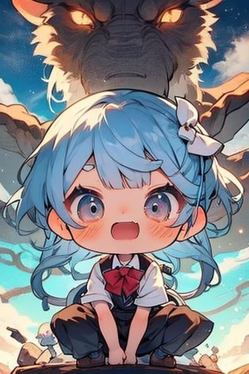 , cute smile low length Troubled face in trouble V-shaped eyebrows Bubbles,1girl, cirno, blue hair, hair bow, blue dress, short sleeves, ice wings, red bowtie,sumiyao+　Riding a horse🐎　There's a horse next to it🐎　holding a pink bouquet💐　Horse and Friendship🐴