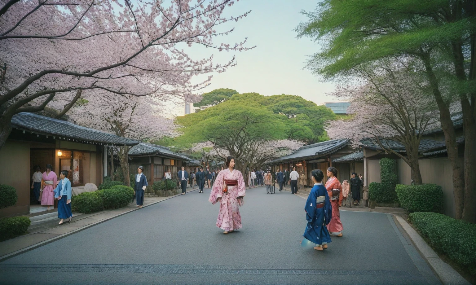 modern craft resort, sakura trees, greenery landscape, in the center of city, crowded people, clear sky, day light time, warm lighting RAW Photo, RAW texture, Super Realistic, 32K UHD, DSLR, soft lighting, high quality, film rating, Fujifilm XT3, ( many crowd of japanese people with kimono : 1.3)  in front of building, Highlight insanely beautiful Japanese woman, wearing traditional Japanese clothing; Tokyo crowd, early morning busy street scene, dynamic action poses, extremely happy festive moment, fashio photography, Holga photography, analog camera, lo-fi, detailed composition, cinematic lighting, cyclorama effect, fashion shoot.