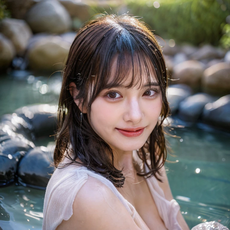in 8K、top-quality、masterpiece、ultra-detailliert、Ultra-high resolution、1 persons、17 years old girl、A dark-haired、二重まぶた、浴室、a shower、(Wrap a white bath towel around your body)、(wetting hair)、((wetted skin))、(water dripping)、turned around、(((Face uplifted)))