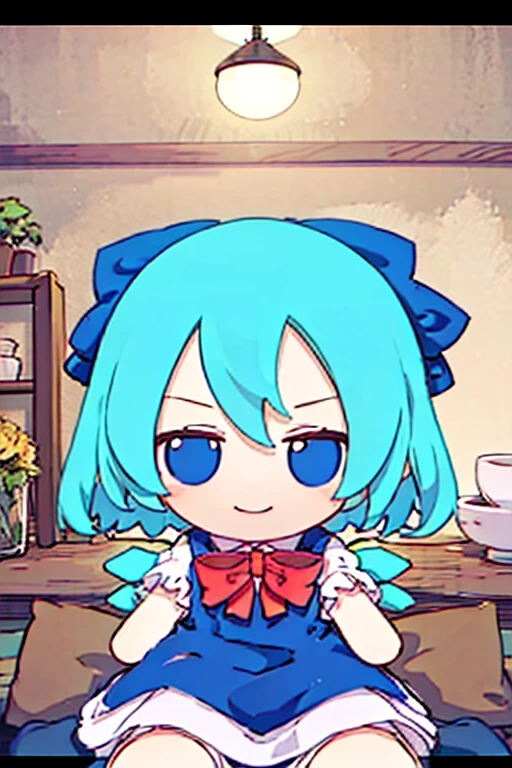 , cute smile low length Troubled face in trouble V-shaped eyebrows Bubbles,1girl, cirno, blue hair, hair bow, blue dress, short sleeves, ice wings, red bowtie,sumiyao+　Riding a horse🐎　There's a horse next to it🐎　holding a pink bouquet💐　Horse and Friendship🐴