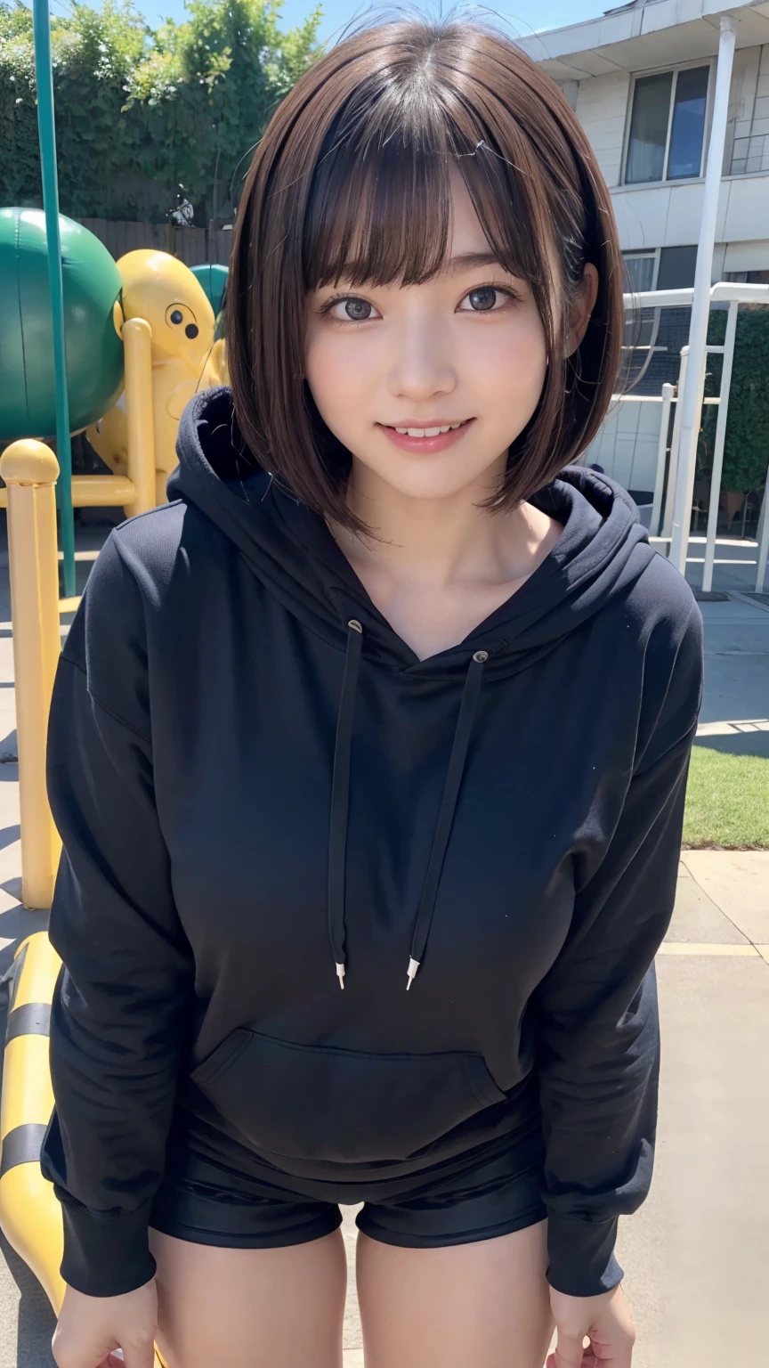 One beautiful girl, (hoodie, Hot pants:1.3), (**yo:1.3), break, (Park playground equipment background), break, Shy laugh, *********, Very beautiful eyes, (Symmetrical eyes:1.3), break, Brown eyes、Parted bangs, Brown Bob Cut:1.3, Round face, cute, break, (Eyes and face detailed:1.0), Shoot from below:1.3, Pussy Line, Camel Toe, Looking into the camera, masterpiece, RAW Photos, Realistic, cute people々, detailed boundary, High resolution, Very detailedな, detailed, Very detailed, Very detailed, Sharp Eye, Cinema Lighting, whole body