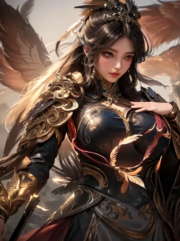 a girl with feathers on her body, beautiful detailed eyes, beautiful detailed lips, extremely detailed eyes and face, long eyelashes, soft delicate skin, intricate feather details, feathers floating around her, magical ethereal atmosphere, fantasy art, digital painting, cinematic lighting, warm color palette, high contrast, detailed textures, dramatic pose, mystical, surreal