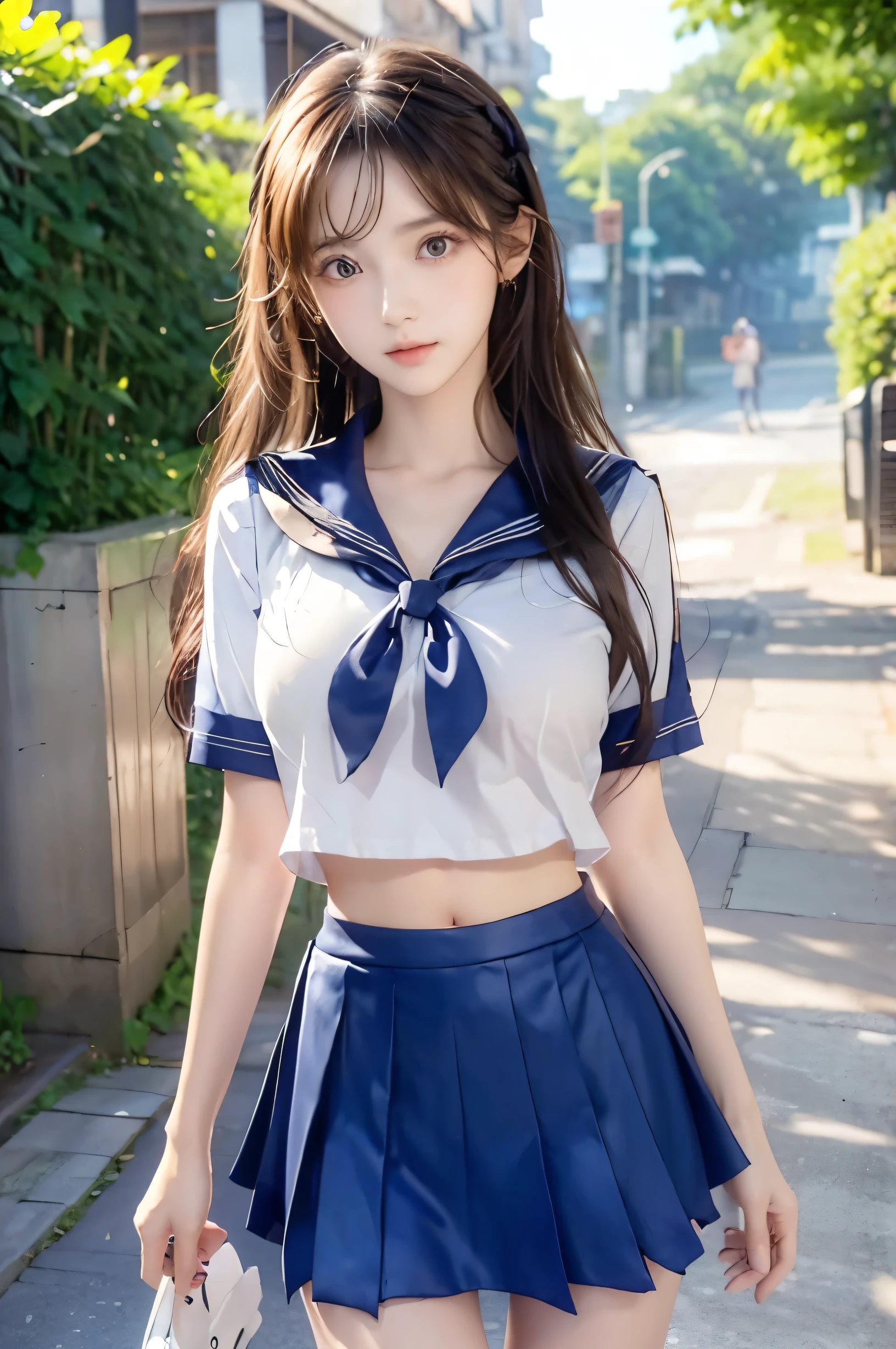 (Ultra HD), (Looking at me), (Short-sleeved sailor uniform, Navy blue mini skirt), Big Breasts, Super beautiful breasts, Slender, (Thin legs:1.2), (Thin thighs:1.2), (Thin Hips:1.4), (Beautiful Skin, Shiny skin, White skin), (Super slim face, Super beautiful face, No makeup, Smile:0.6), (Light Brown, Long Hair, Layered Cut, Fluffy hair), (Big eyes:1.3, High corners of the eyes:1.6, double eyelid), (Thin eyebrows:0.1), (Small Nose:0.6), (Thin lips:0.6), Beautiful Hands, Empty-handed, Standing, In front of the school gate
