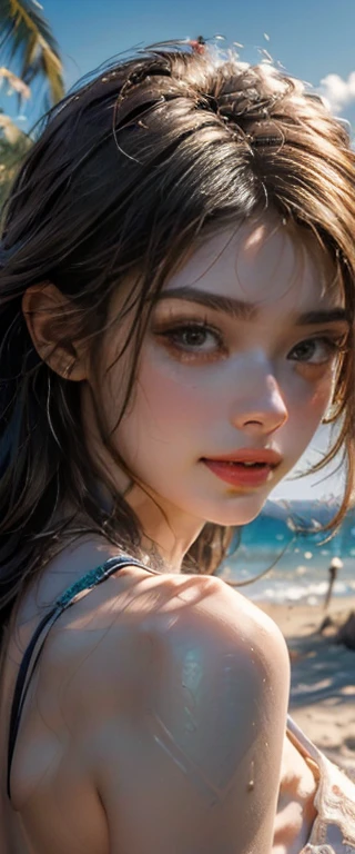 ((Girl lying on sandy beach))、(One Girl)、(absurderes、hight resolution、Ultra-detail)、Close-up of face、Face Enhancement、Face focus、diagonal、Depth of written boundary、One person&#39;s perspective、F/1.8、135mm、Canon、Full Body Shot、Wide-angle lens、(Golden White Long Hair Straight)、Shiny and beautiful hair、Beautiful Skin、Luscious Skin、(Beautiful big blue eyes),(Light blue shadow),With bangs、Off the shoulder、Eyes are highlighted、Unbroken hands、Delicate fingers、Rich lighting、Big voluptuous breasts、Pale pink lips、Soft lips、(Slightly open mouth)、High Definition CG8k Wallpapers、Featured Details、 Portrait、sight、solo、Fine face、 A little smile、 Gray Hair、 Silver Hair、 (blue sky、White clouds flowing)、 ((Pink Bikini))、