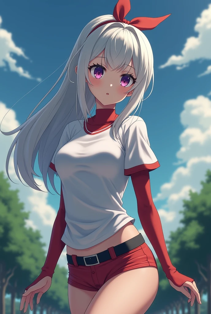 HD、Animation style、white hair 、Purple Eyes、girl、plump breasts 、High school student 、single ponytail、Baseball player、Light color short sleeve top、Long sleeve red underwear、Good shape、Thin、sash、Sky、cloud、sunny、Navel exposed、dazzler、Breasts exposed、ninja suit