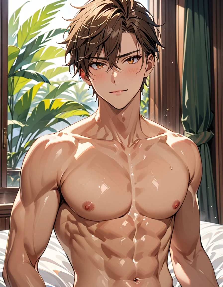 masterpiece, best quality, high quality,  1boy,8yo, boy focus, full body, looking at viewer, brown hair,spiky hairstyle, short hair, steam smork, japan style,  anime coloring, angry, home muji style, detailed face, topless, white towel on waist,finely eye and detailed face,bulge