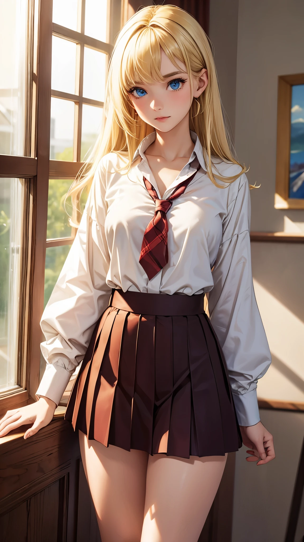 ((Best Quality)),(Ultra-high resolution),(Super detailed),(Detailed Description),((The best CG)),(masterpiece),Highly detailed art,(Art with precise detail:1.5), (High school girl:1.6),(Blonde Hair:1.5),Enchanting,(Sky Blue Eyes:1.3, Highlights:1.4, Colorful Iris:1.3),Slim figure,White skin,Unique Sense:1.3,White blouse,The button is undone and my collarbone is visible:1.4,The red tie is loosened,Very short pleated skirt:1.3,Long socks,loafers,wit,Free spirit, (Window:1.3),